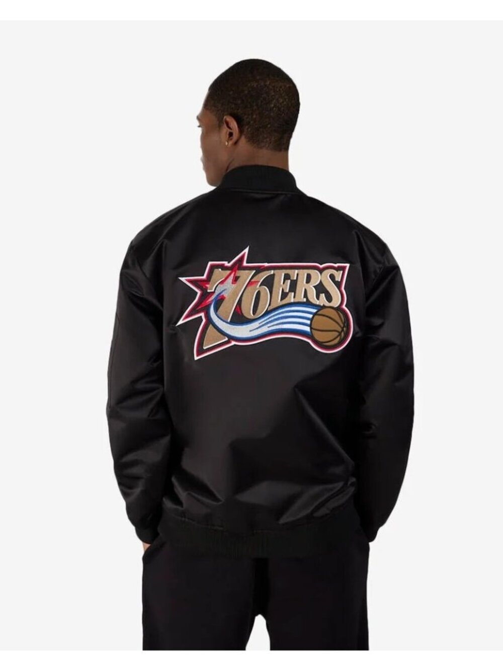 Men's Mitchell NessPhiladelphia 76ers Logo Satin Bomber Jacket Size S